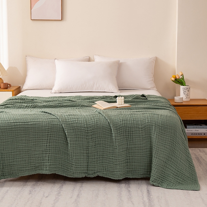 91家纺网 家纺一手货源 找家纺 萌飞 2026新款四层纱素色夏被被子被芯 毛巾被绿色