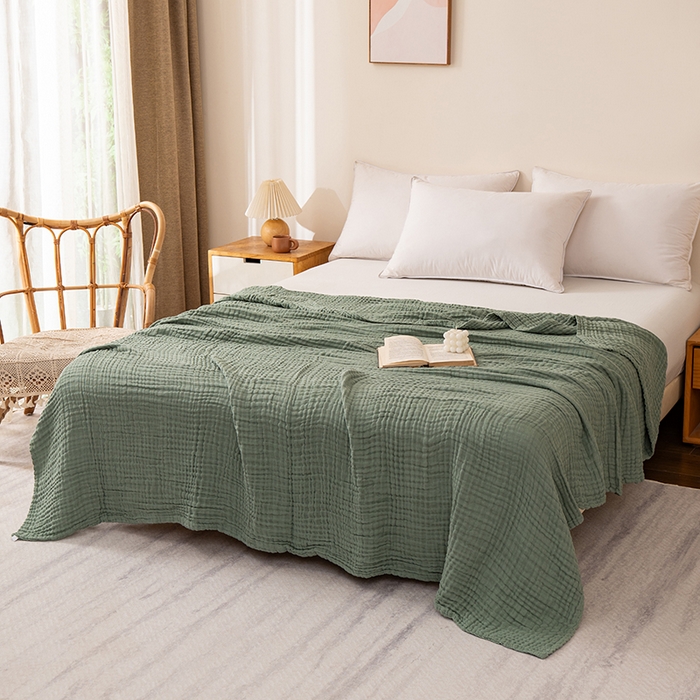 91家纺网 家纺一手货源 找家纺 萌飞 2026新款四层纱素色夏被被子被芯 毛巾被绿色