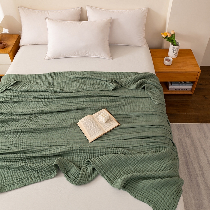 91家纺网 家纺一手货源 找家纺 萌飞 2026新款四层纱素色夏被被子被芯 毛巾被绿色