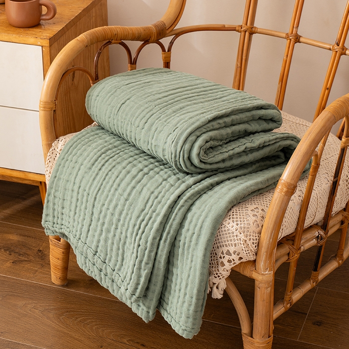 91家纺网 家纺一手货源 找家纺 萌飞 2026新款四层纱素色夏被被子被芯 毛巾被绿色