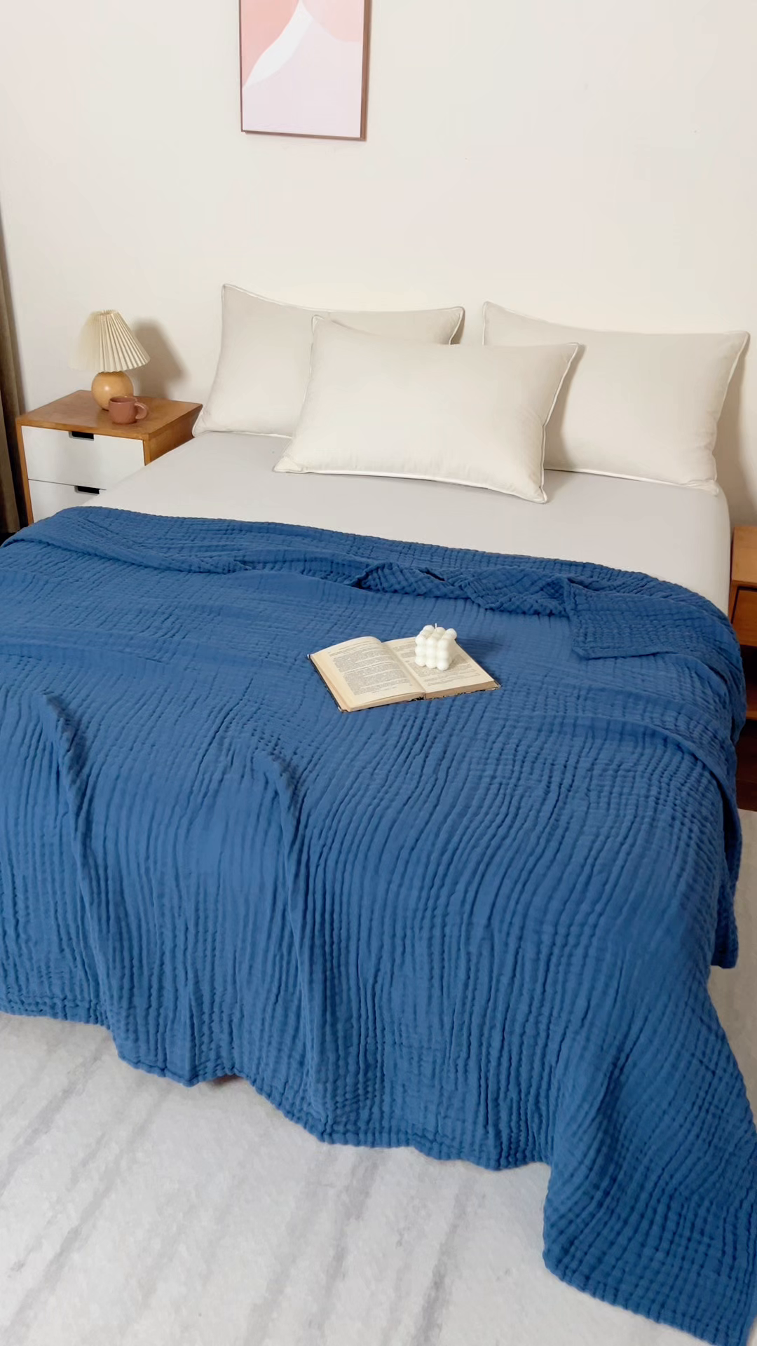 91家纺网 家纺一手货源 找家纺 萌飞 2026新款四层纱素色夏被被子被芯 毛巾被蓝色