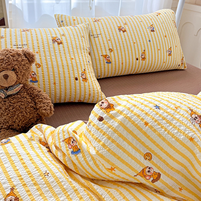 91家纺网 家纺一手货源 找家纺 一比一 2026春夏新款泡芙棉泡芙纱印花四件套-简单款 哈咯星人