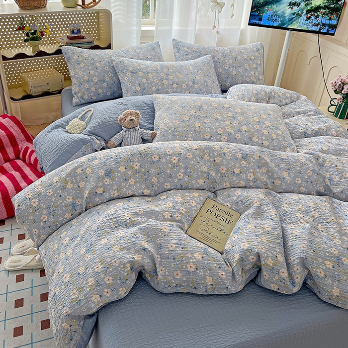 一比一 2026春夏新款泡芙棉泡芙纱印花四件套-简单款 蓝樱