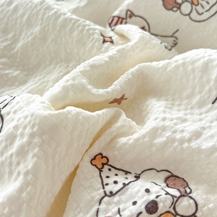 91家纺网 家纺一手货源 找家纺 一比一 2026春夏新款泡芙棉泡芙纱印花四件套-简单款 萌宠派对