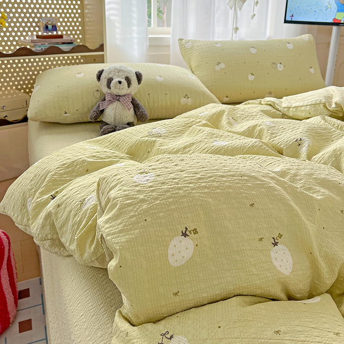 91家纺网 家纺一手货源 找家纺 一比一 2026春夏新款泡芙棉泡芙纱印花四件套-简单款 抹茶梅梅