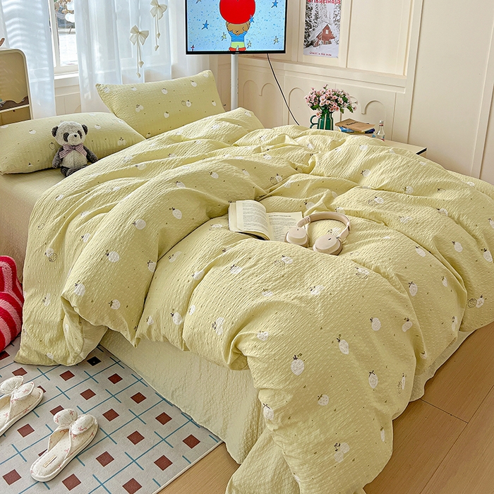 91家纺网 家纺一手货源 找家纺 一比一 2026春夏新款泡芙棉泡芙纱印花四件套-简单款 抹茶梅梅