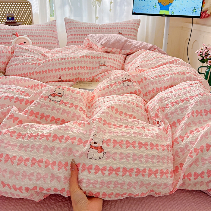 91家纺网 家纺一手货源 找家纺 一比一 2026春夏新款泡芙棉泡芙纱印花四件套-简单款 泡芙小狗