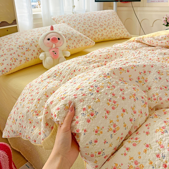 91家纺网 家纺一手货源 找家纺 一比一 2026春夏新款泡芙棉泡芙纱印花四件套-简单款 心愿