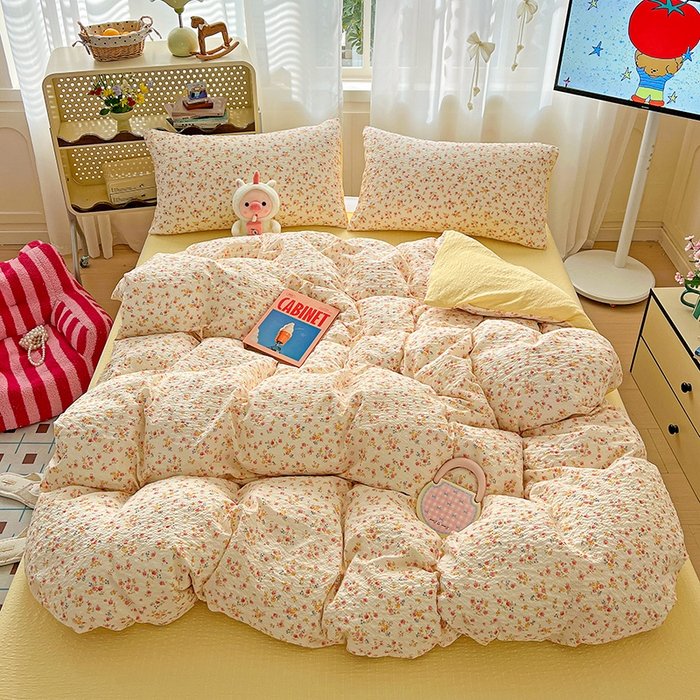 91家纺网 家纺一手货源 找家纺 一比一 2026春夏新款泡芙棉泡芙纱印花四件套-简单款 心愿