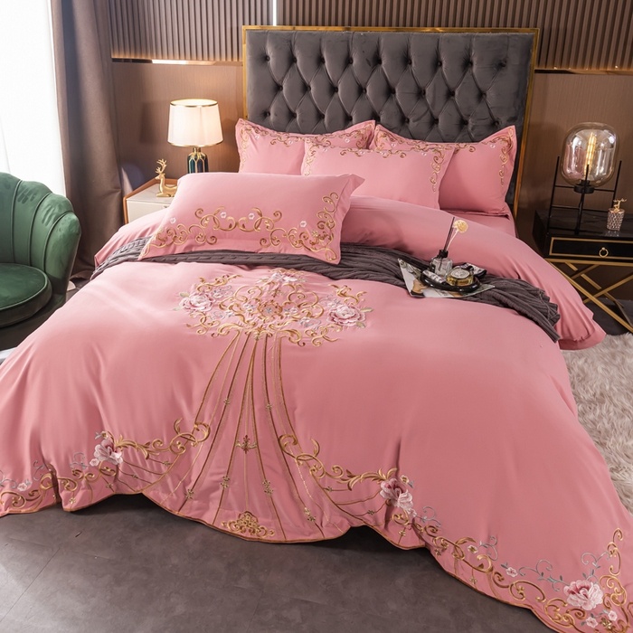 91家纺网 家纺一手货源 找家纺 合欢（原天一阁） 2026新款锦棉斜纹长绒棉刺绣四件套 丽娜-豆沙