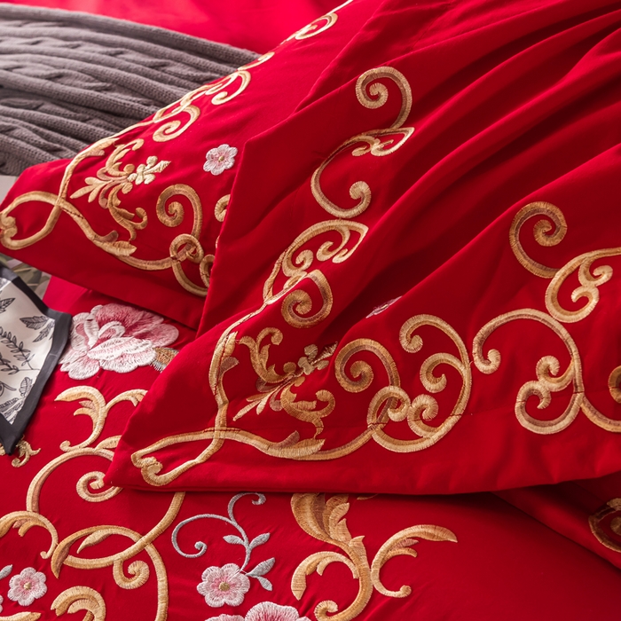 91家纺网 家纺一手货源 找家纺 合欢（原天一阁） 2026新款锦棉斜纹长绒棉刺绣四件套 丽娜-大红