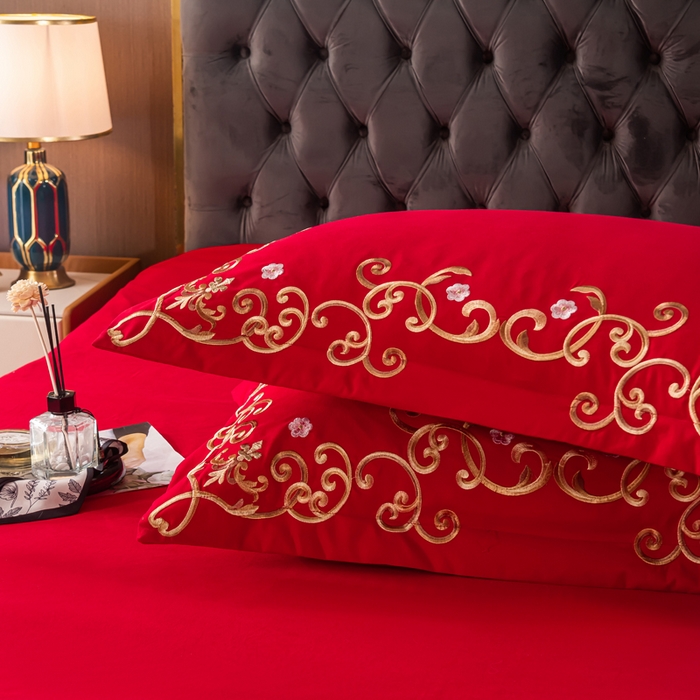 91家纺网 家纺一手货源 找家纺 合欢（原天一阁） 2026新款锦棉斜纹长绒棉刺绣四件套 丽娜-大红