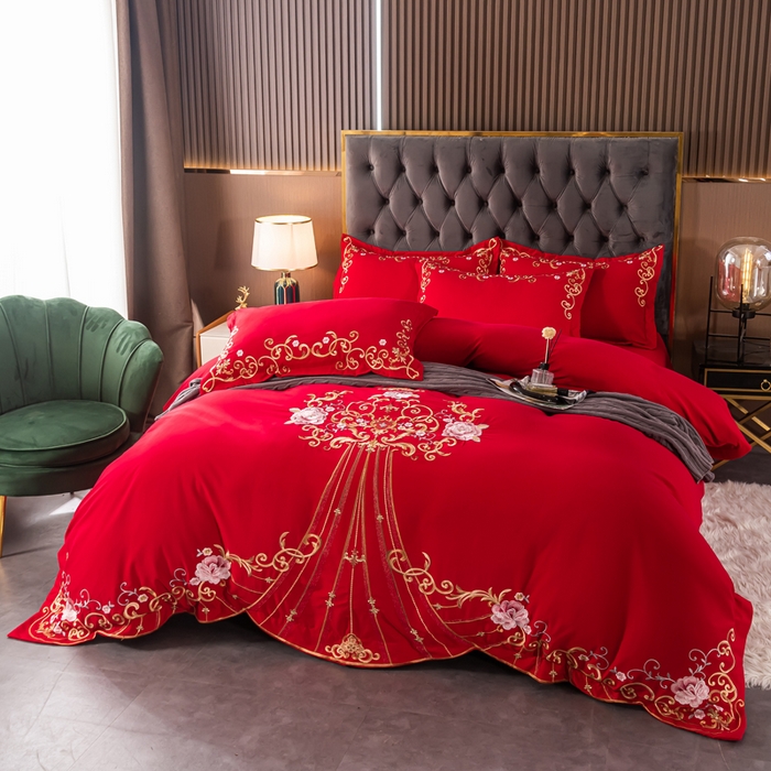 91家纺网 家纺一手货源 找家纺 合欢（原天一阁） 2026新款锦棉斜纹长绒棉刺绣四件套 丽娜-大红