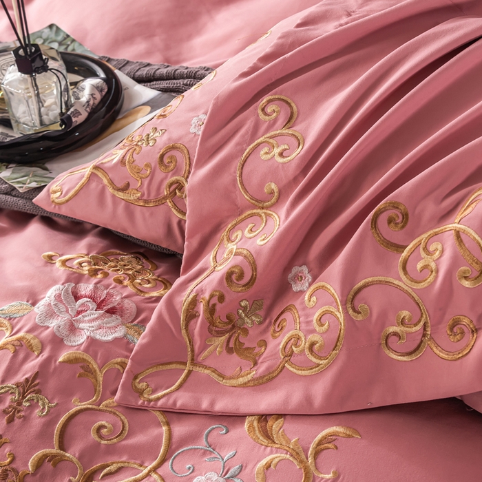 91家纺网 家纺一手货源 找家纺 合欢（原天一阁） 2026新款锦棉斜纹长绒棉刺绣四件套 丽娜-豆沙