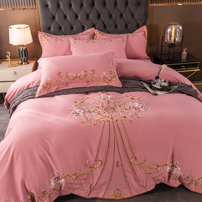 91家纺网 家纺一手货源 找家纺 合欢（原天一阁） 2026新款锦棉斜纹长绒棉刺绣四件套 丽娜-豆沙