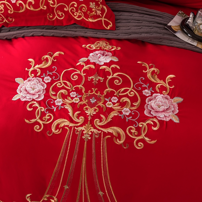 91家纺网 家纺一手货源 找家纺 合欢（原天一阁） 2026新款锦棉斜纹长绒棉刺绣四件套 丽娜-大红