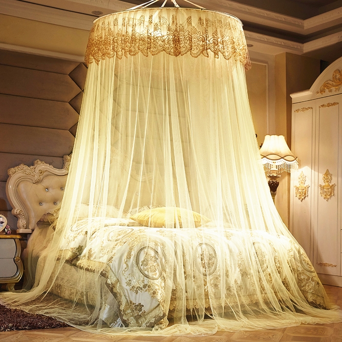 91家纺网 家纺一手货源 找家纺 舞夜盛世 2026新款圆顶吊床款唯美浪漫双层小花边蚊帐 盛夏-黄色