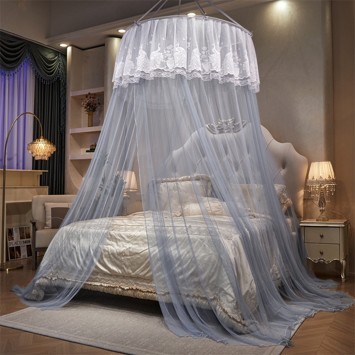 91家纺网 家纺一手货源 找家纺 舞夜盛世 2026新款圆顶吊床款唯美浪漫双层小花边蚊帐 Y-01-灰色