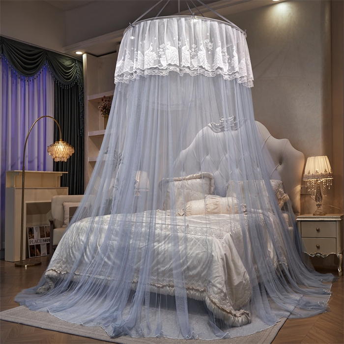 91家纺网 家纺一手货源 找家纺 舞夜盛世 2026新款圆顶吊床款唯美浪漫双层小花边蚊帐 Y-01-灰色