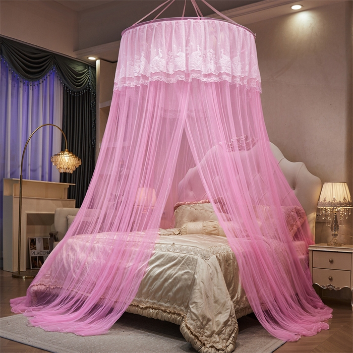 91家纺网 家纺一手货源 找家纺 舞夜盛世 2026新款圆顶吊床款唯美浪漫双层小花边蚊帐 Y-01-粉色