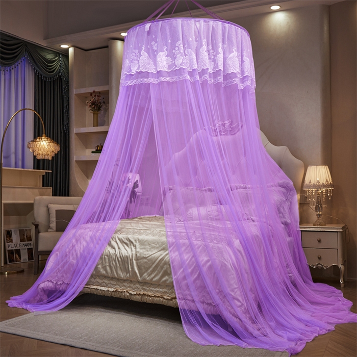 91家纺网 家纺一手货源 找家纺 舞夜盛世 2026新款圆顶吊床款唯美浪漫双层小花边蚊帐 Y-01-紫色