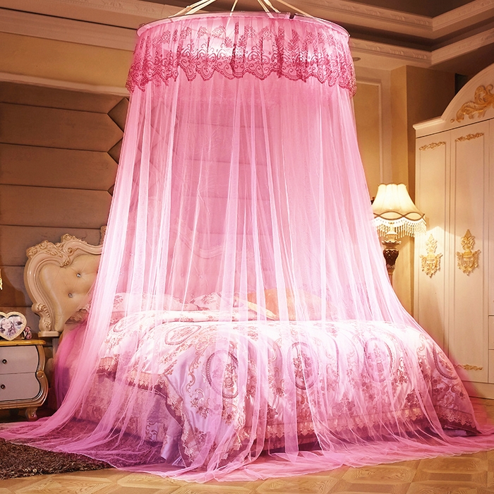 91家纺网 家纺一手货源 找家纺 舞夜盛世 2026新款圆顶吊床款唯美浪漫双层小花边蚊帐 盛夏-粉色