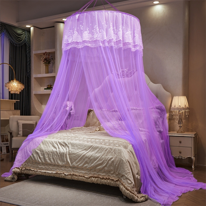 91家纺网 家纺一手货源 找家纺 舞夜盛世 2026新款圆顶吊床款唯美浪漫双层小花边蚊帐 Y-01-紫色