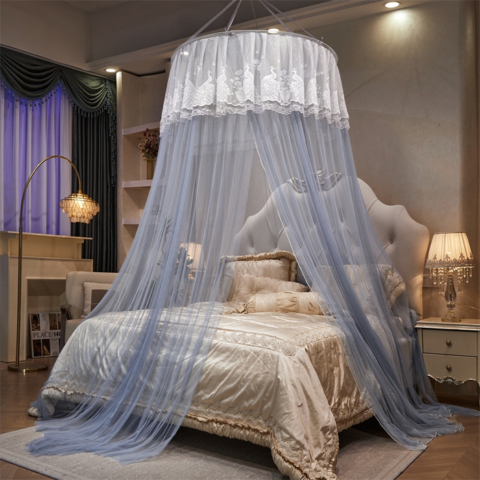 91家纺网 家纺一手货源 找家纺 舞夜盛世 2026新款圆顶吊床款唯美浪漫双层小花边蚊帐 Y-01-灰色