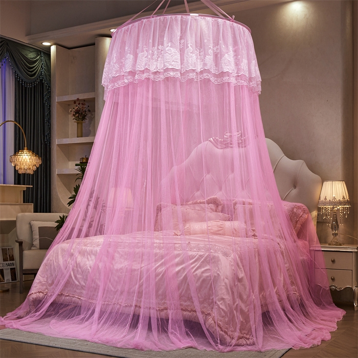 91家纺网 家纺一手货源 找家纺 舞夜盛世 2026新款圆顶吊床款唯美浪漫双层小花边蚊帐 Y-01-粉色