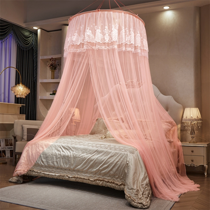 91家纺网 家纺一手货源 找家纺 舞夜盛世 2026新款圆顶吊床款唯美浪漫双层小花边蚊帐 Y-01-玉色