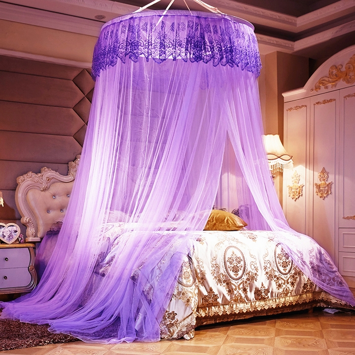 91家纺网 家纺一手货源 找家纺 舞夜盛世 2026新款圆顶吊床款唯美浪漫双层小花边蚊帐 盛夏-紫色