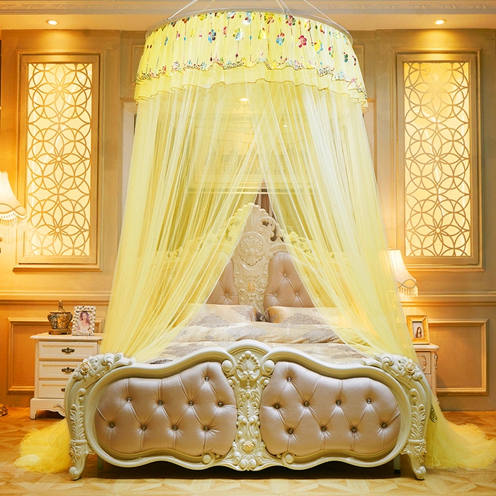舞夜盛世 2026新款圆顶吊床款唯美浪漫双层小花边蚊帐 七彩曼舞-黄色