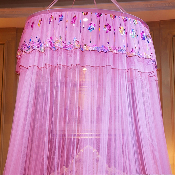 91家纺网 家纺一手货源 找家纺 舞夜盛世 2026新款圆顶吊床款唯美浪漫双层小花边蚊帐 七彩曼舞-粉色