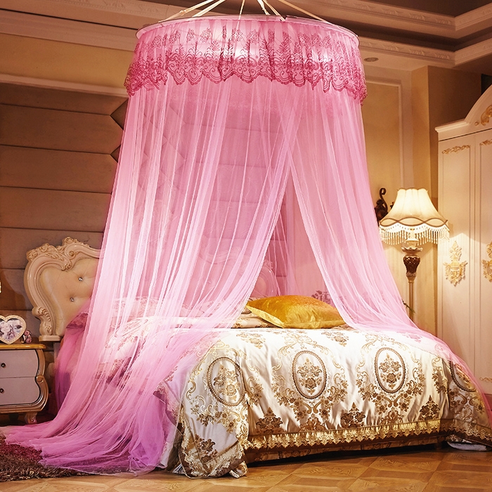 91家纺网 家纺一手货源 找家纺 舞夜盛世 2026新款圆顶吊床款唯美浪漫双层小花边蚊帐 盛夏-粉色