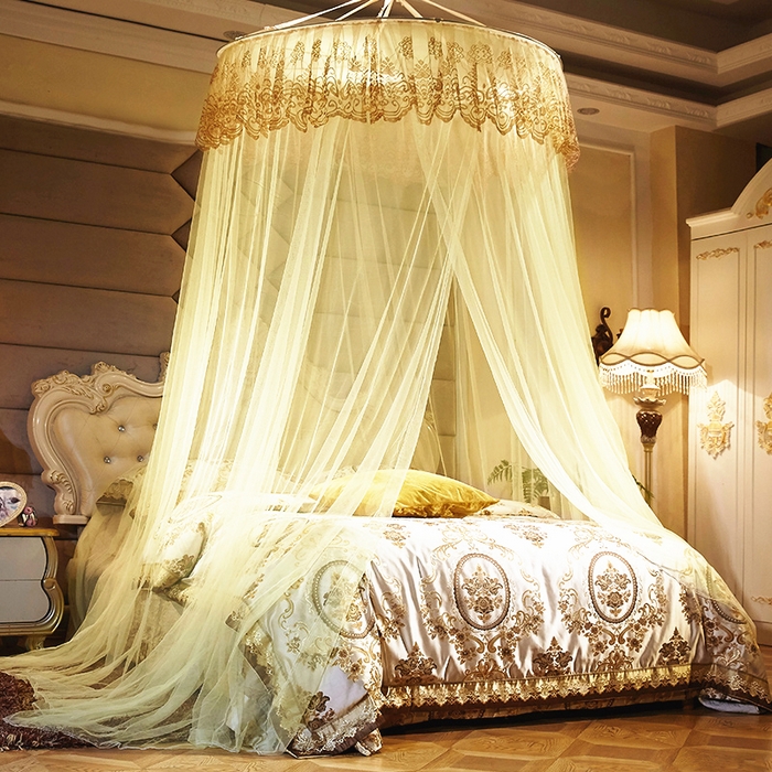 91家纺网 家纺一手货源 找家纺 舞夜盛世 2026新款圆顶吊床款唯美浪漫双层小花边蚊帐 盛夏-黄色