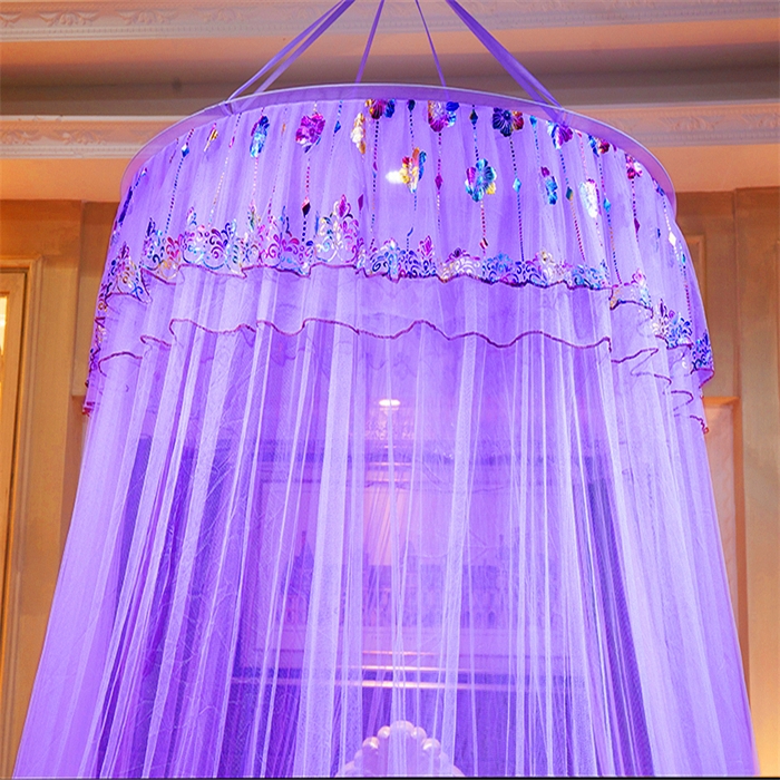 91家纺网 家纺一手货源 找家纺 舞夜盛世 2026新款圆顶吊床款唯美浪漫双层小花边蚊帐 七彩曼舞-紫色