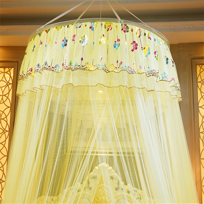 91家纺网 家纺一手货源 找家纺 舞夜盛世 2026新款圆顶吊床款唯美浪漫双层小花边蚊帐 七彩曼舞-黄色