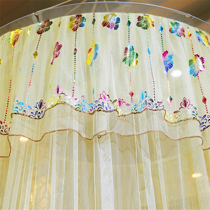 91家纺网 家纺一手货源 找家纺 舞夜盛世 2026新款圆顶吊床款唯美浪漫双层小花边蚊帐 七彩曼舞-黄色