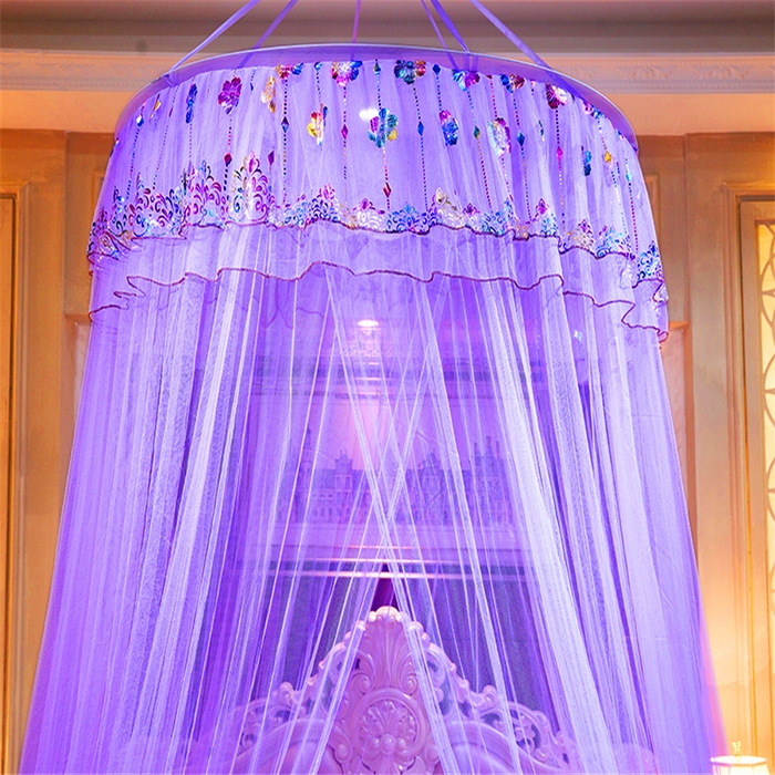 91家纺网 家纺一手货源 找家纺 舞夜盛世 2026新款圆顶吊床款唯美浪漫双层小花边蚊帐 七彩曼舞-紫色