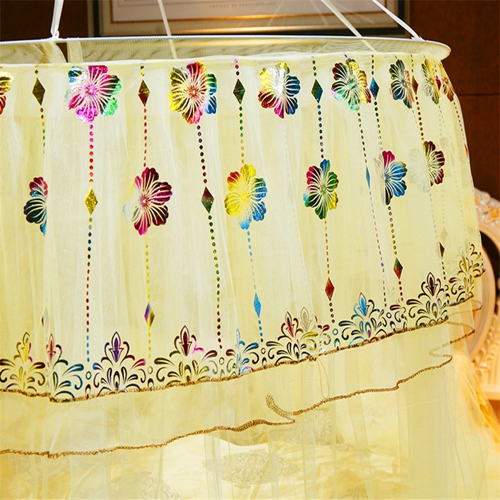 91家纺网 家纺一手货源 找家纺 舞夜盛世 2026新款圆顶吊床款唯美浪漫双层小花边蚊帐 七彩曼舞-黄色