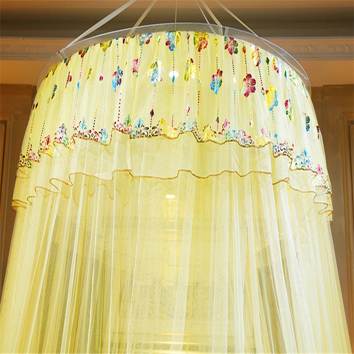 91家纺网 家纺一手货源 找家纺 舞夜盛世 2026新款圆顶吊床款唯美浪漫双层小花边蚊帐 七彩曼舞-黄色