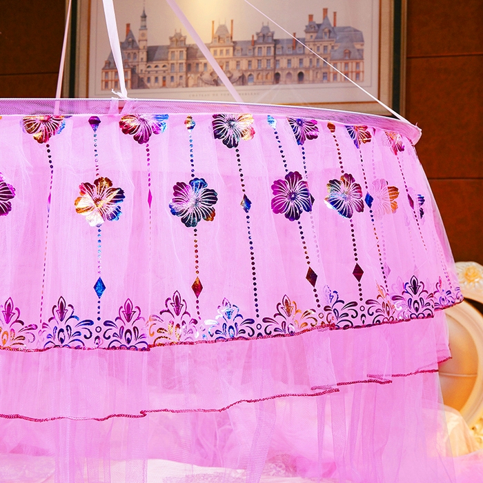 91家纺网 家纺一手货源 找家纺 舞夜盛世 2026新款圆顶吊床款唯美浪漫双层小花边蚊帐 七彩曼舞-粉色