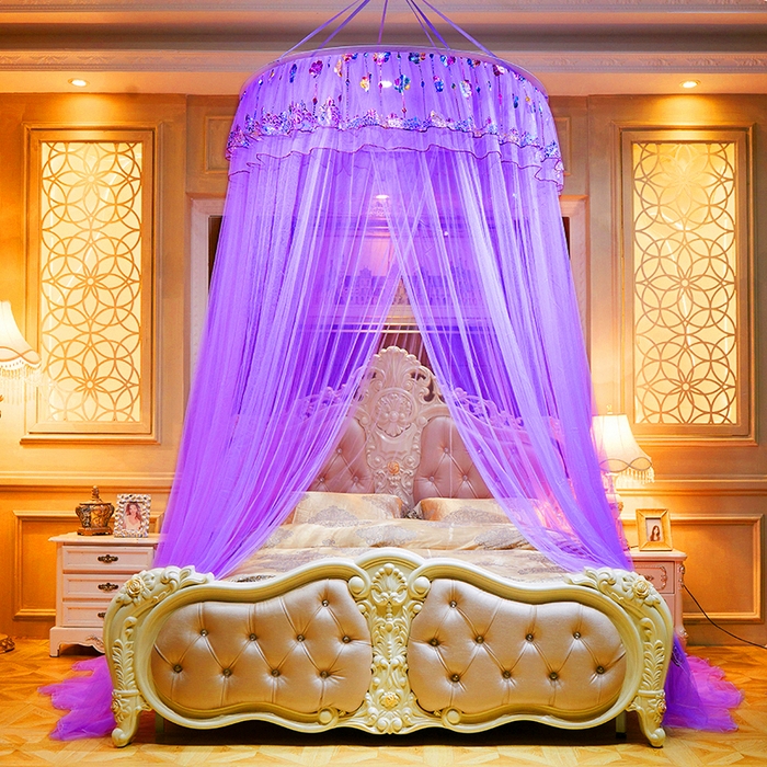 舞夜盛世 2026新款圆顶吊床款唯美浪漫双层小花边蚊帐 七彩曼舞-紫色