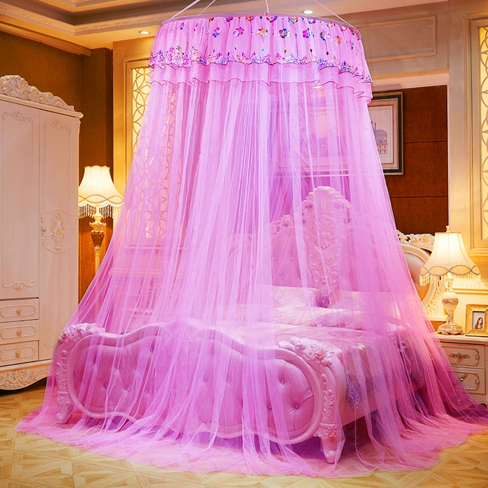 91家纺网 家纺一手货源 找家纺 舞夜盛世 2026新款圆顶吊床款唯美浪漫双层小花边蚊帐 七彩曼舞-粉色