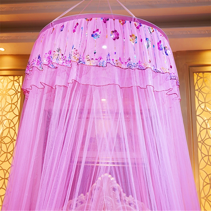91家纺网 家纺一手货源 找家纺 舞夜盛世 2026新款圆顶吊床款唯美浪漫双层小花边蚊帐 七彩曼舞-粉色