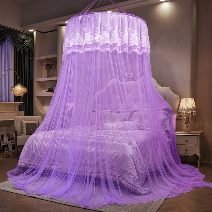 91家纺网 家纺一手货源 找家纺 舞夜盛世 2026新款圆顶吊床款唯美浪漫双层小花边蚊帐 Y-01-紫色