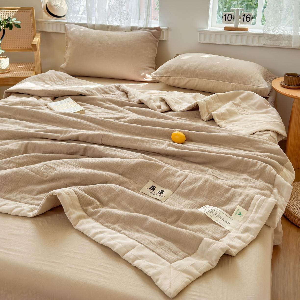 91家纺网 家纺一手货源 找家纺 雯雨家纺 2026新款里外全棉皱皱纱棉花夏被夏凉被空调被 全棉皱皱纱-米褐色