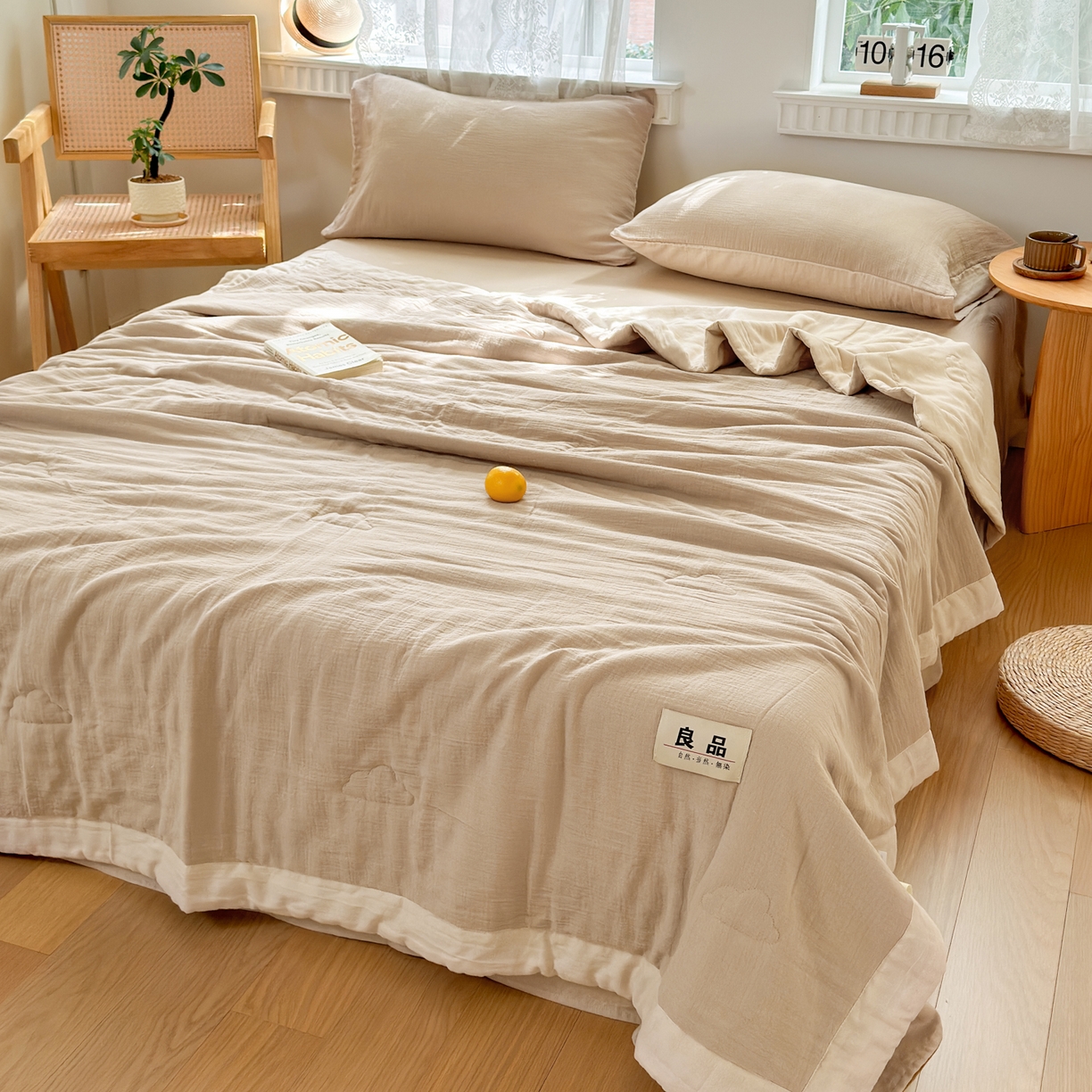 91家纺网 家纺一手货源 找家纺 雯雨家纺 2026新款里外全棉皱皱纱棉花夏被夏凉被空调被 全棉皱皱纱-米褐色