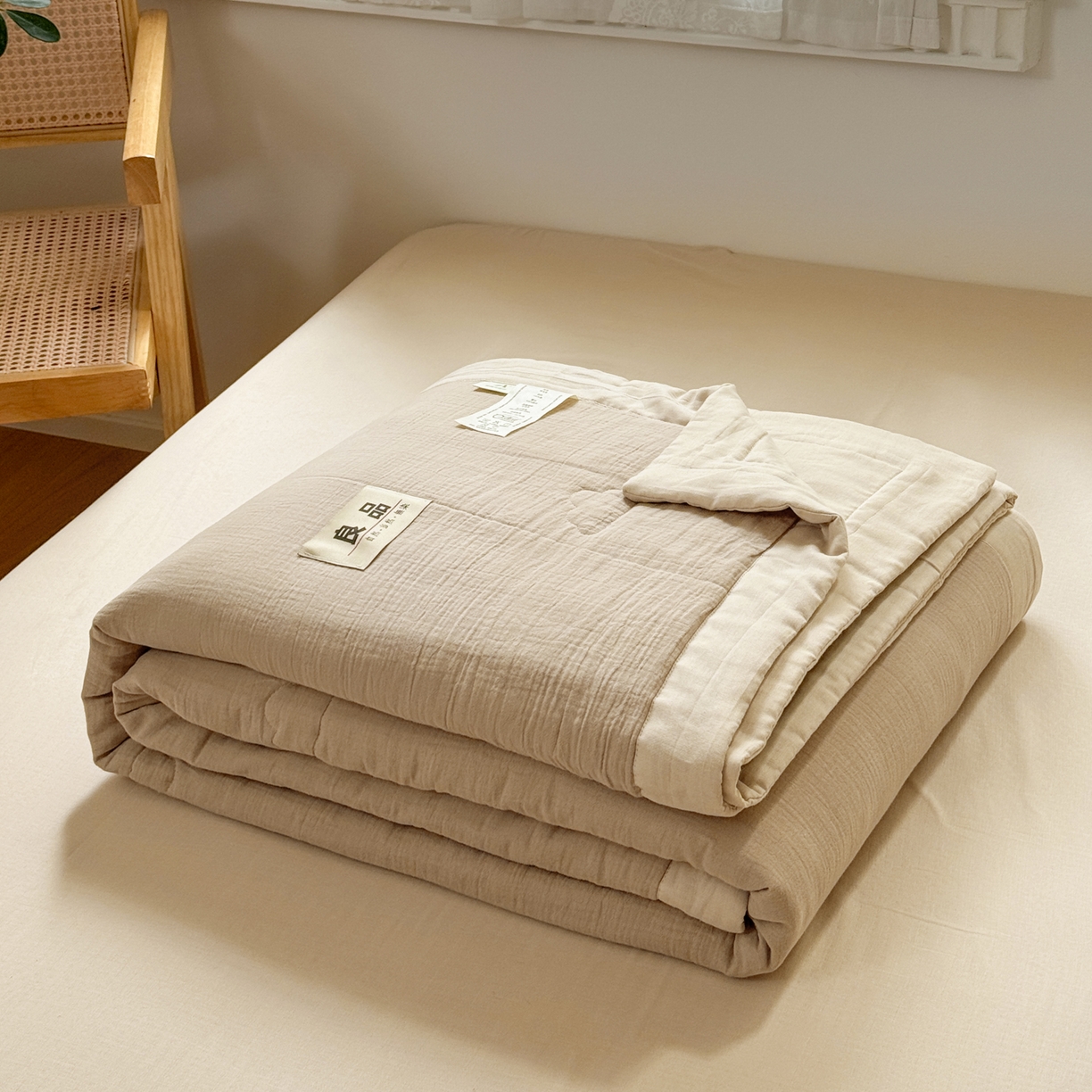 91家纺网 家纺一手货源 找家纺 雯雨家纺 2026新款里外全棉皱皱纱棉花夏被夏凉被空调被 全棉皱皱纱-米褐色