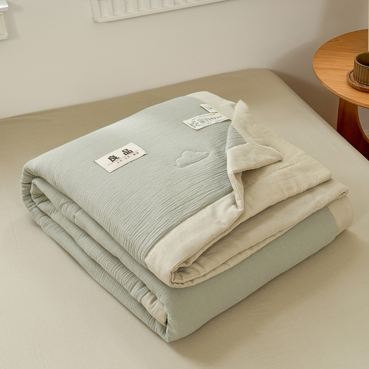 91家纺网 家纺一手货源 找家纺 雯雨家纺 2026新款里外全棉皱皱纱棉花夏被夏凉被空调被 全棉皱皱纱-豆绿